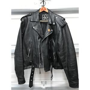 A-1 Genuine Leather Jacket Mens Large Black Motorcycle Biker Belted Quilted Zip